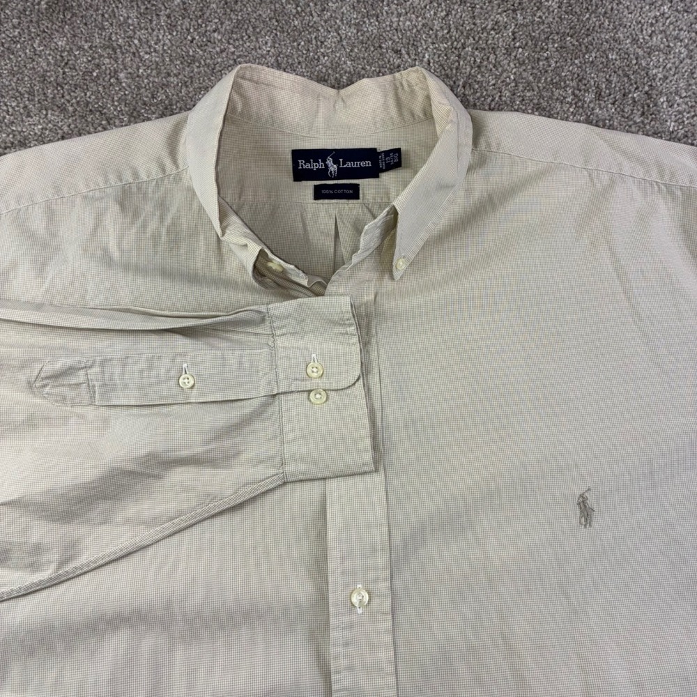 Vintage Polo Ralph Lauren Shirt Mens Size 19 Beige Long Sleeve Cotton Gray Pony